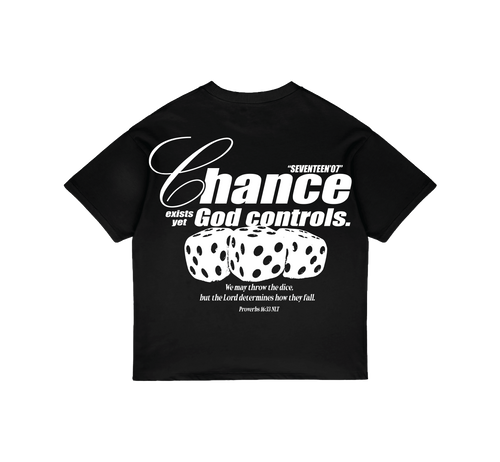 Chance Exists Christian streetwear tee in black, back print with dice graphic and Proverbs 16:33