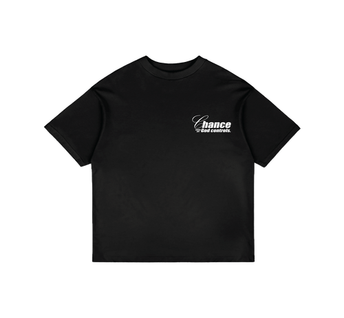 Chance Exists Christian streetwear tee in black, front chest logo "Chance / God controls"