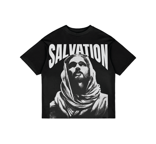 Salvation Christian streetwear tee in black, front print of Christ with "Salvation" text