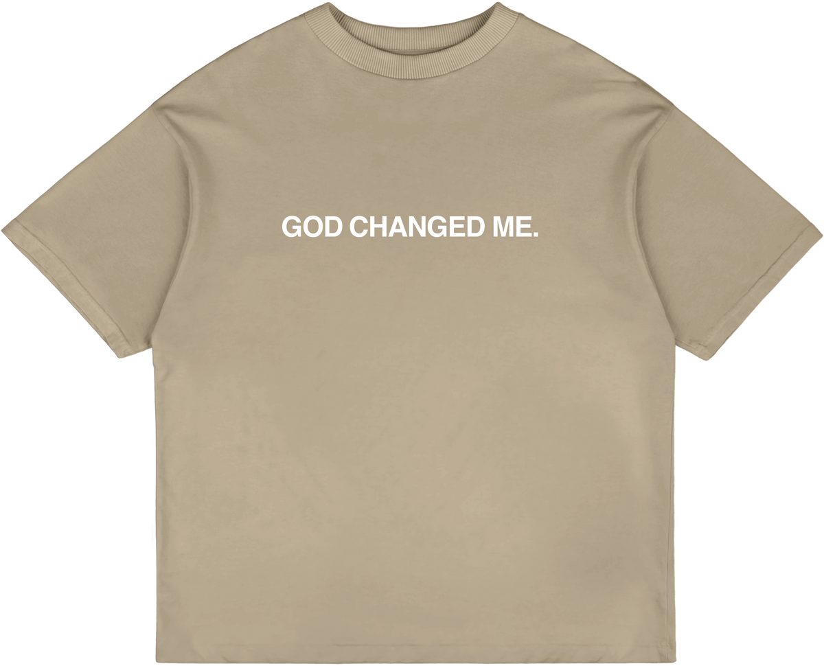 God Changed Me oversized tee in khaki, front view with GOD CHANGED ME. print