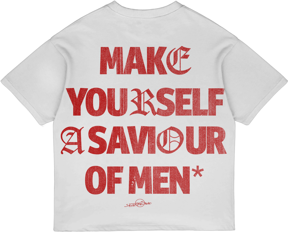 Saviour Of Men Christian streetwear tee in red and white, back print "Make Yourself A Saviour Of Men"