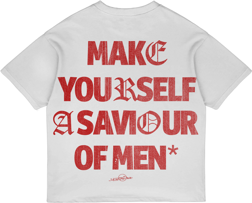 Saviour Of Men Christian streetwear tee in red and white, back print "Make Yourself A Saviour Of Men"