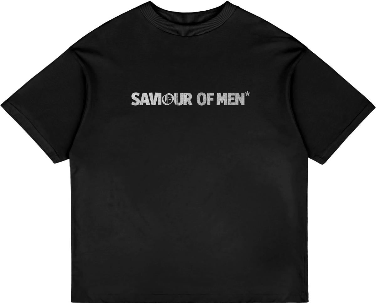 Saviour Of Men Christian streetwear tee in white and black, front view