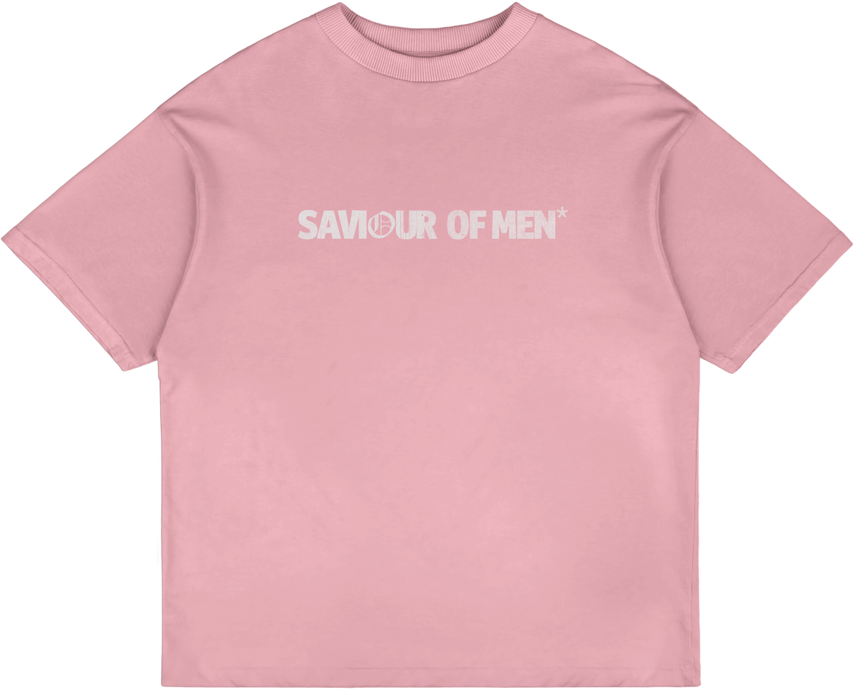 Saviour Of Men Christian streetwear tee in pink, front view