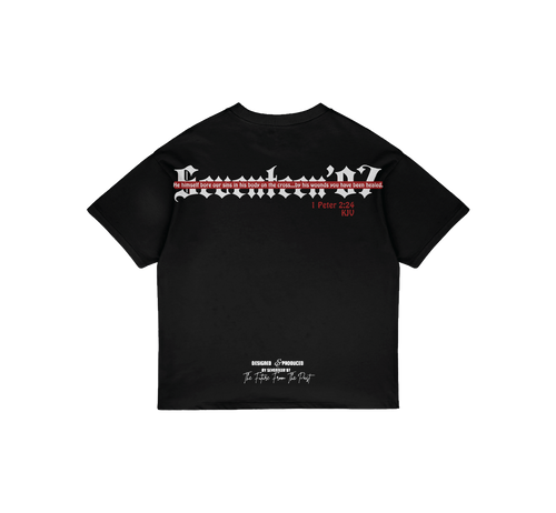 Salvation Christian streetwear tee in black, back print with 1 Peter 2:24 scripture