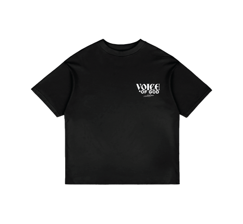 Let There Be Light Christian streetwear tee in black with white print, front chest print "Voice of God"