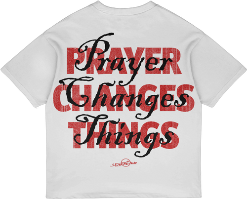 Prayer Changes Things Christian streetwear tee in red and white, back print