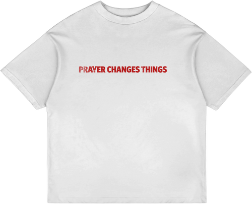 Prayer Changes Things Christian streetwear tee in red and white, front view